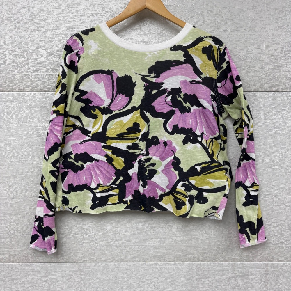 Maeve Anthropologie Floral Slub Cotton Long Sleeve Top Green Purple Small